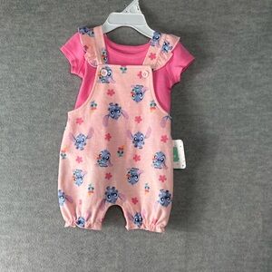 Disney Baby Stitch Girls 2 Piece Romper Set Pink Short Sleeve Size 3/6 M